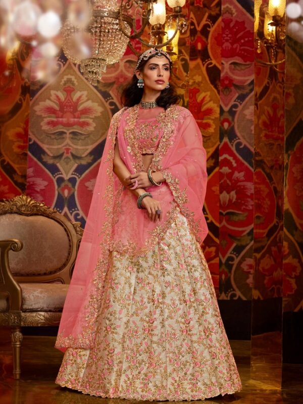 Pink Green Embroidered Lehenga