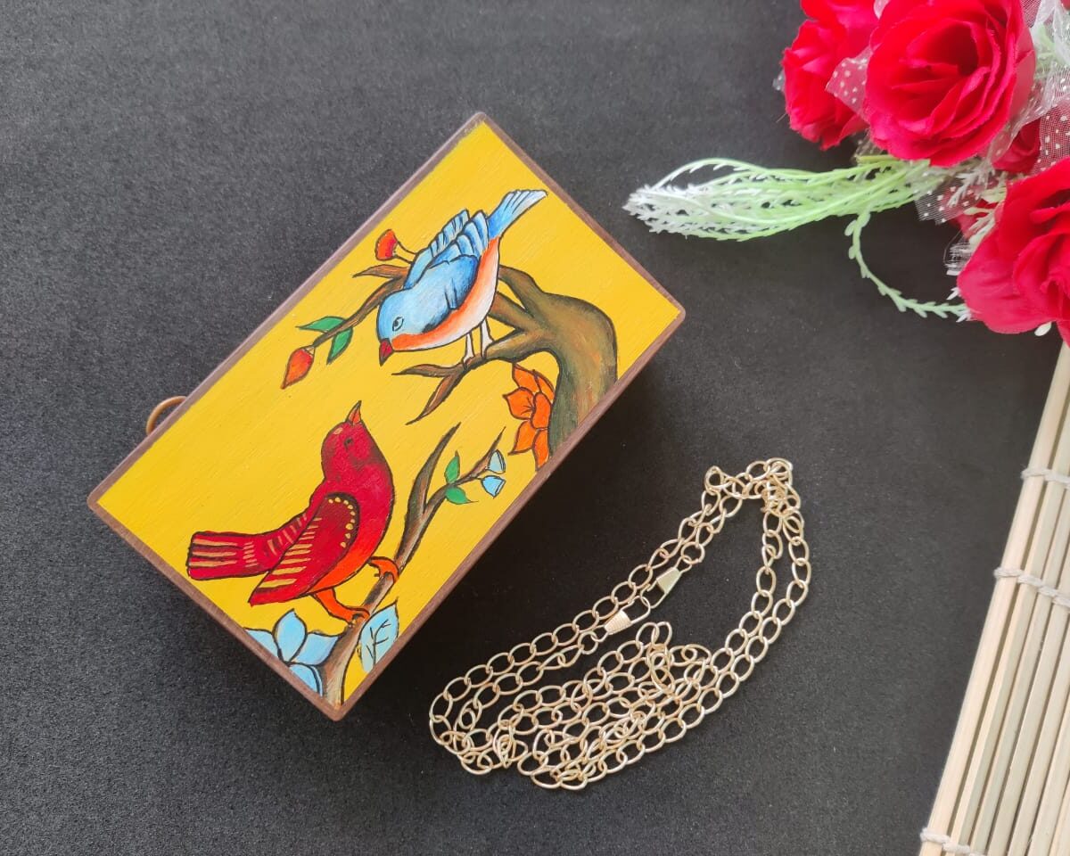 Sparrow Print Yellow Wooden Clutch