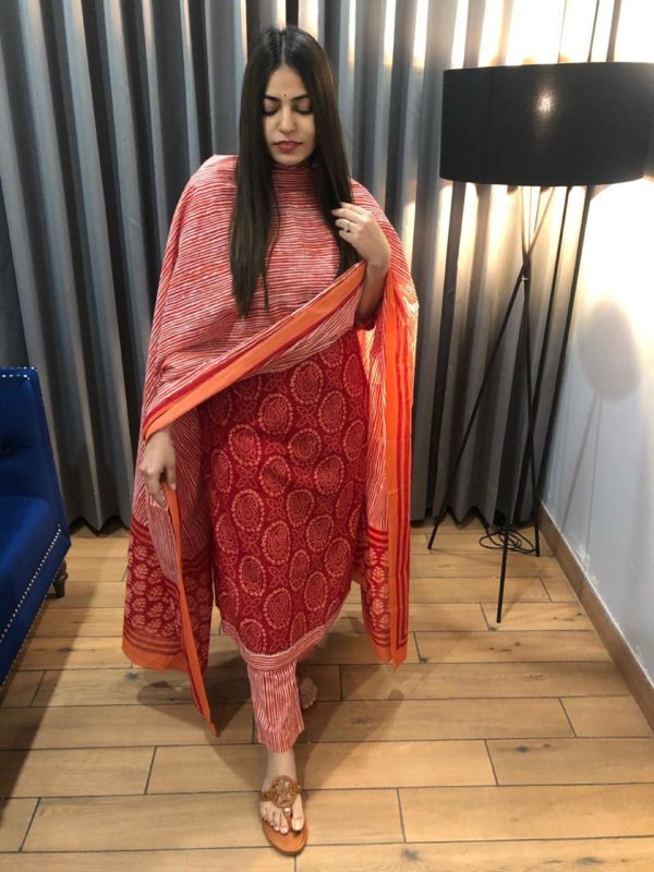 Red- White Kurta Pants Set