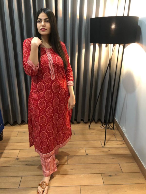 Red- White Kurta Pants Set