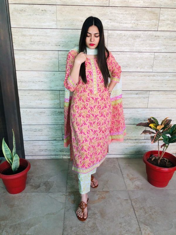 Pink- White Kurta Pants Set