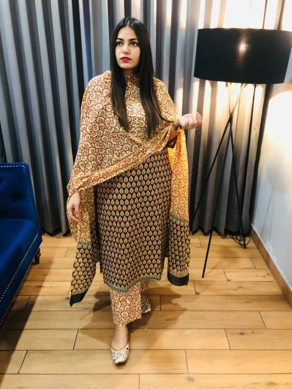 Orange-Black Kurta Set with Dupatta