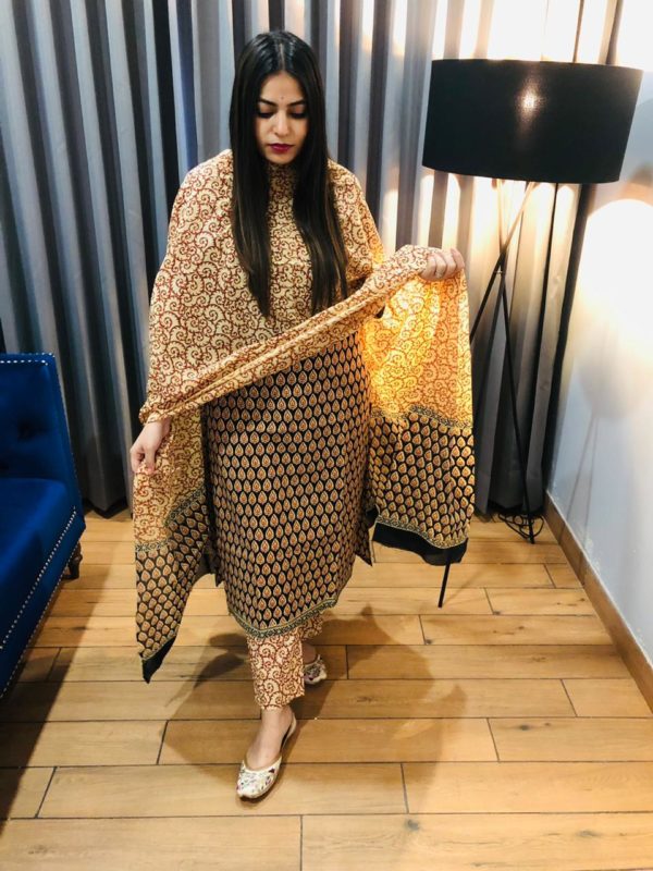 Orange-Black Kurta Set with Dupatta